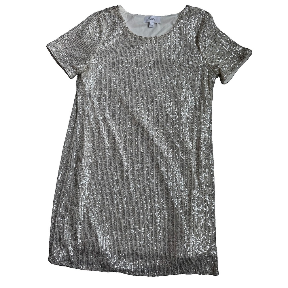 CeCe Silver Sequin Shift Dress Size M Short Sleeve Party Cocktail Holiday NYE